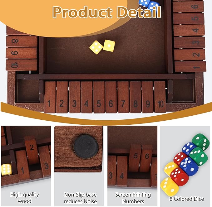 Shut The Box Game Wooden, 12 inch Close Shut The Box Game for 2-4 Player Adults, Math Sequence Dice Plunder Board Games with 8 Dice, 4-Sided 10 Number Table Games for Family Classroom Home Party Pub