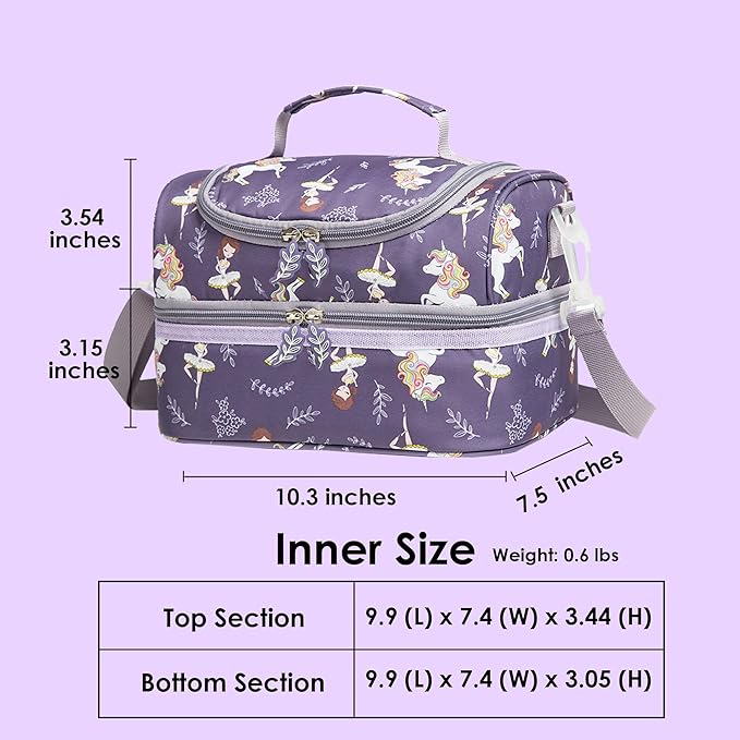 Insulated Kids Dual Compartment Lunch Bag Tote Pack for Girls Boys Toddler Kindergarten School Picnic Food Cooler Hot Water Ice with Strap (Ballet Dancer)