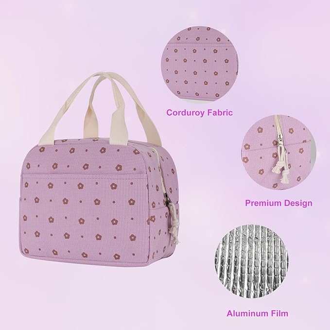 Lunch Box for Women, Reusable Insulated Lunch Box Floral Tote Bags Corduroy Totes for Women Office Work Travel Picnic