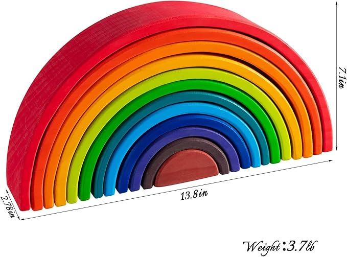 Wooden Rainbow Stacking Toy, 12 Pcs Wood Building Blocks Set, Waldorf Toys for Toddlers, Matching Educational Learning Toy