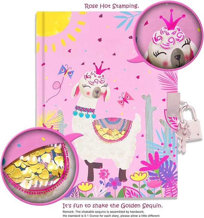GINMLYDA Girls Diary with Lock for Kids, Alpaca Diaries 7.1x5.3 Inches 160 Pages Girl Journal Secret Cute Notebook with Lock and Key for Little Kid Writing Drawing Gift for Pre school Age 6,8,12