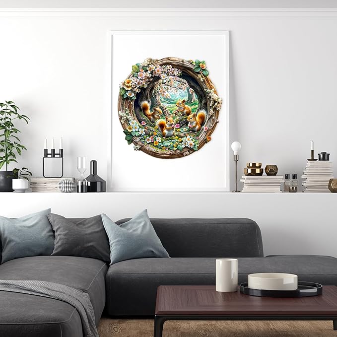 Wooden Puzzles for Adults, Wooden Jigsaw Puzzles for Adults, 3D Vision Effect-3D Spring Squirrel Unique Shaped Wood Puzzles Adult, Creative Birthday Gifts for Friends Family Game(8.5 * 8.2in 100pcs)