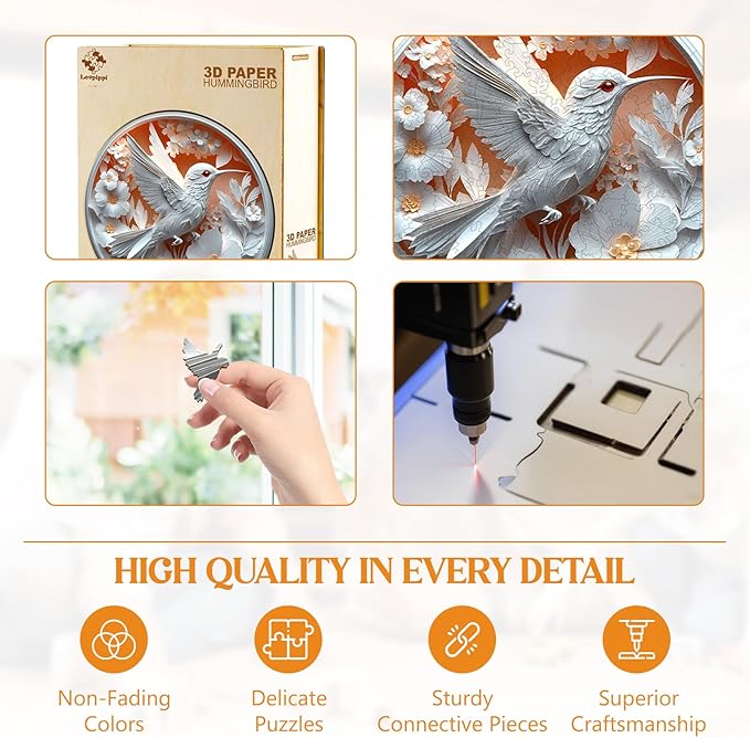 Wooden Puzzles for Adults, Wooden Jigsaw Puzzles for Adults Kids, 3D Paper Hummingbird Unique Shaped Wood Puzzles Adult, Creative Birthday Gifts for Friends Family Game (13.4 * 13.4in 300pcs)