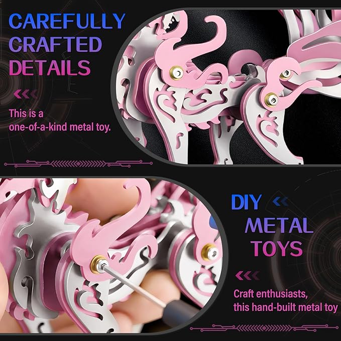 3D Metal Puzzles,3D Metal Puzzle for Adults,Mechanical Model Kit Fox Pink,Steel 3D Puzzles Stainless Steel Ornaments for Adults Home Decor Art Craft Gifts Toys.