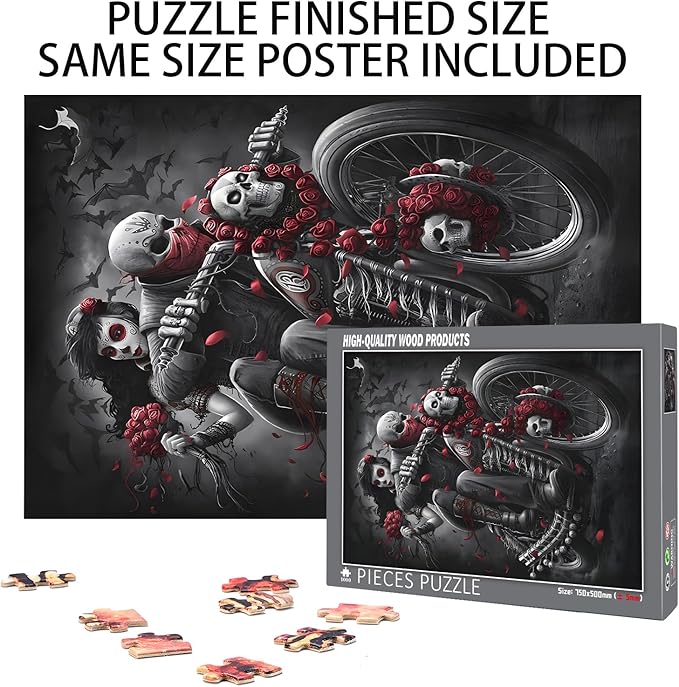 1000 Pieces,Adult Wooden Jigsaw Puzzle, Skeleton Reaper Motorcycle Girlfriend, Challenging Brain Puzzle Game Relaxing Pastime Recreational Activity Size: 29.5X19.7 in and 1:1 Original Picture Poster