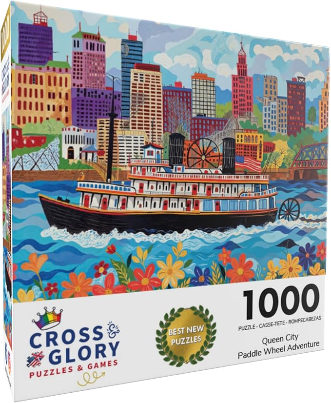 Cross & Glory - Queen City Paddle Wheel Adventure - 1000 Piece Jigsaw Puzzle for Adults | Historic Cincinnati Riverboat Scene | Vibrant Folk Art Design with Satin Finish | 20x27 Inches