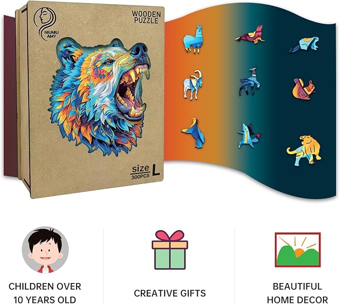 Wooden Puzzles for Adults,Bear Design Jigsaw Puzzles 300 Piece,Thanksgiving Birthday Gifts Family Game,Unique Shape Puzzle Challenge 14.9 x 14.9 Inch
