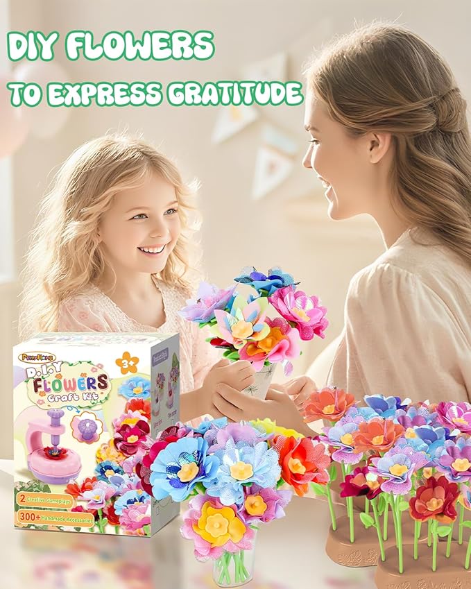 PERRYHOME Fabric Flower Bouquets Toys, 300+ Pcs DIY Flower Crafts for Kids, 2 Gameplays Educational Arts & Crafts Toy, Thanksgiving Birthday and Christmas Gift for 3 4 5 6 7 8 Years Toddler Girl