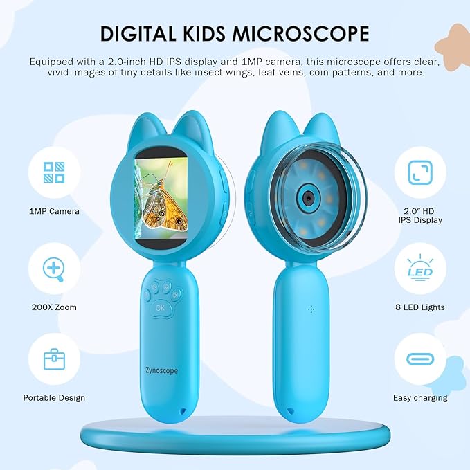 Kids Microscope 100X Magnification, STEM Handheld Digital Science Kit, Portable Educational Toy for Ages 3-16, Birthday for Boys & Girls Blue