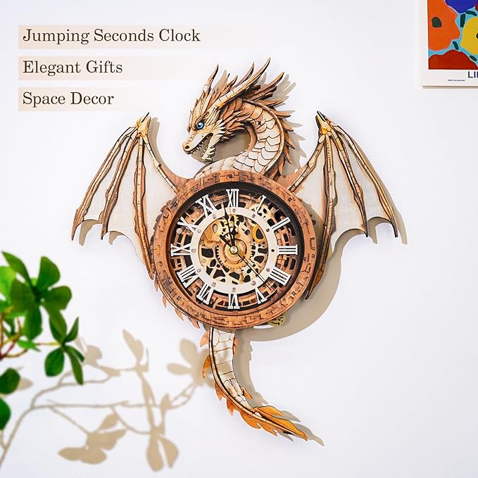 KAAYEE 3D Puzzle for Adult, Wooden Dragon Pendulum Clock Mechanical Model Kit, 32 PCS DIY Vintage Wall Clock Building Kit, Creative Craft Gift for Birthday Home Decor (Battery Not Included)