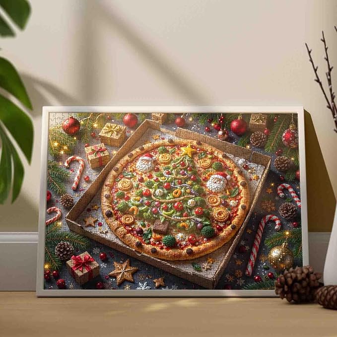 Christmas Feast 1000 Piece Jigsaw Puzzles for Adults Xmas Tree Pizza Painting Jigsaw Puzzle Santa Claus/Christmas Father Puzzles 20''x27”inch Candy Cane1000 Pieces Wall Decor Family Challenging Game