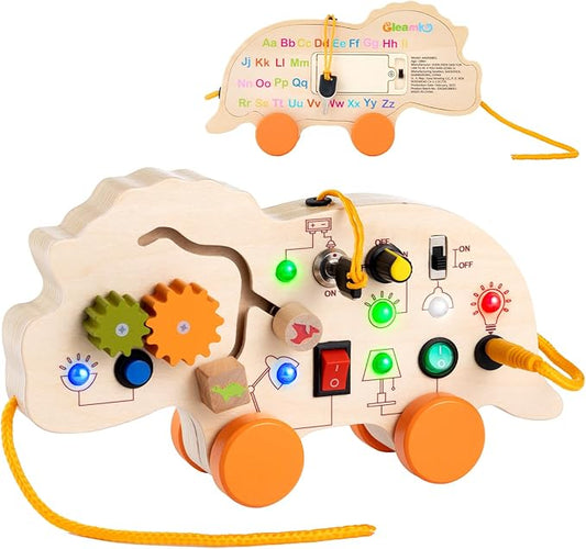 2-in-1 Busy Board & Pull Toys for Toddlers 1-3: Dinosaur Busy Board with Led Light, Educational Learning Toys Wooden Multi-Sensory Board with 4 Movable Wheels, Montessori Toys for 1 2 3 Year Old