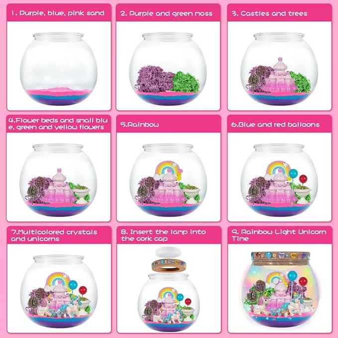 DANIUBE Unicorn Light Up Terrarium Craft Kit for Kids, DIY Unicorn Terrarium Crafts Kits with Remote LED Colorful Night Light for Kids Girls Ages 3 4 5 6 7 8-12 Years Old Birthday Gifts