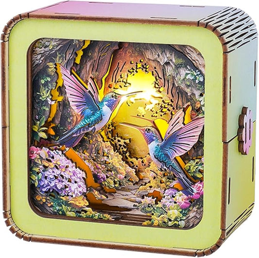 3D Puzzle Nightlight-DIY LED Light Wooden Puzzle-Art Lamp and Craft Kits for Kids and Adults-Birthday Gifts Toys-Home Desk Decor Family Game (Hummingbird)