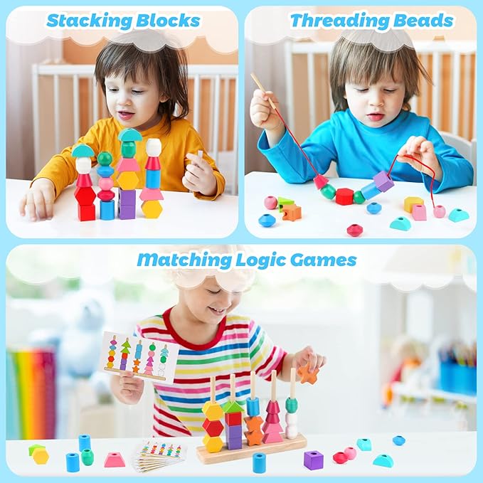 Montessori Wooden Beads Sequencing Toy Set, Stacking Blocks & Lacing Beads & Matching Shape Stacker for 2 3 4 5 Year Old STEM Preschool Learning Montessori Toys Gifts for Kids Boy Girl Toddler