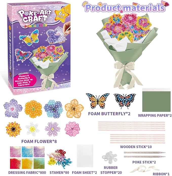 Britik Arts and Crafts for Kids Ages 8-12: Poke in Fun Art Kits for Girls, Poke Art Flower Bouquet Craft Kit, Fabric Arts for Kids DIY Flower Bouquet Kit Birthday Gift for Girls 8 9 10 11 12, Green