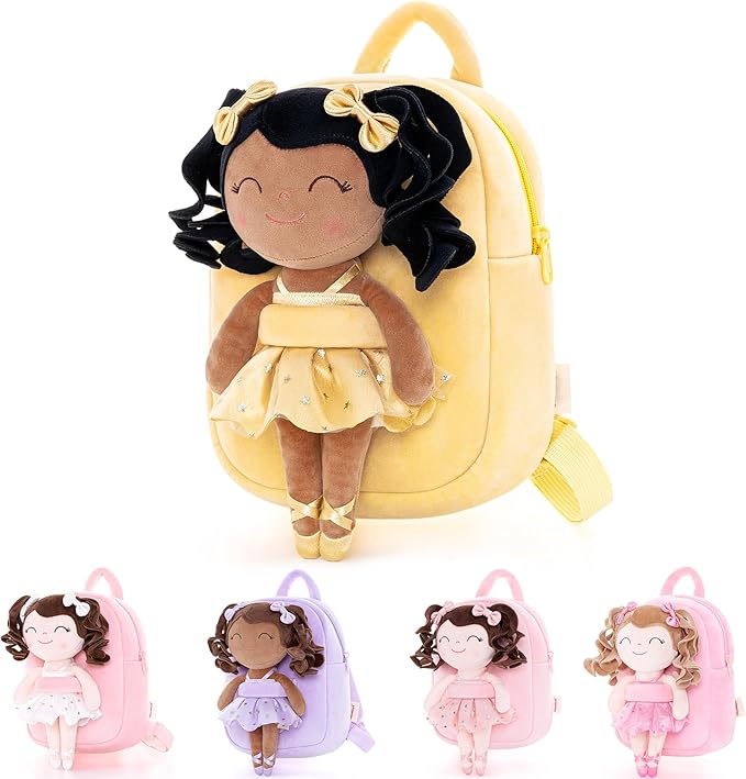 Gloveleya Toddler Backpack Baby Ballerina Girl Gifts Plush Curly Hair Ballet Backpack - Black Blonde 9 inches