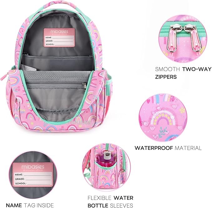 mibasies Girls Backpack 5-8: Lightweight Kids Backpacks for Girls - Girl Bookbag for Elementary School - Rainbow Pink
