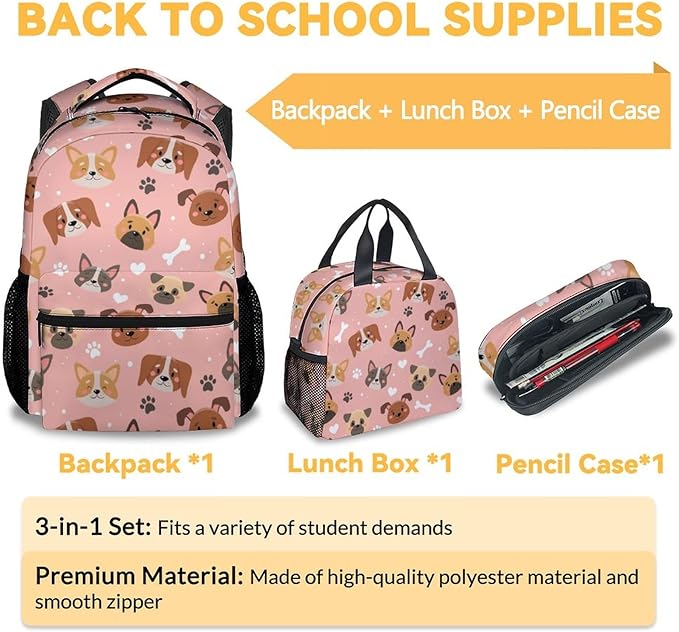 Dog Backpack with Lunch Box, Set of 3 School Backpacks Matching Combo, Cute Pink Bookbag and Pencil Case Bundle