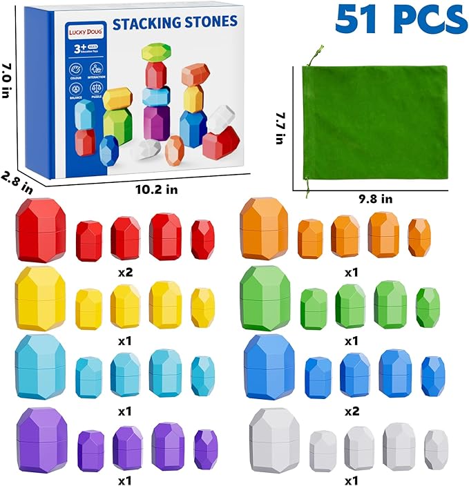 Lucky Doug 50 PCS Extra-Large Stacking Rocks Toys for Age 1-3 2-4, Safe Montessori Stacking Building Blocks Stones Toddlers Toy for 1 2 3 4 Year Old Boy Girl, Sensory Toys Gifts for Kids Age 1-2 2-4