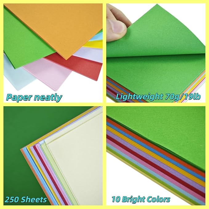 KYMY Colored Origami Printer Papers 8.5 x 11 inch, 250 Sheets Double-Sided Folding Craft Papers, 10 Assorted Colours Lightweight Origami for Arts & Crafts, Scrapbooking, DIY Projects (19lb/70gsm)