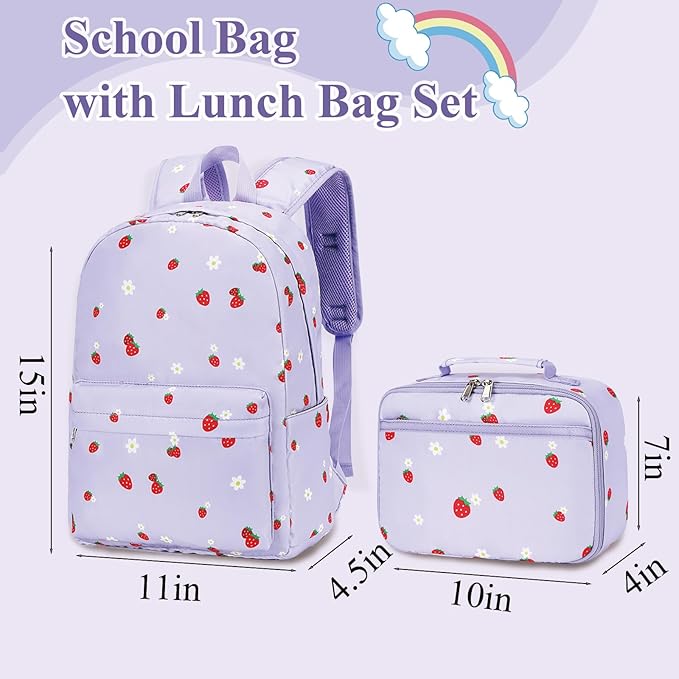 LEDAOU Kids School Backpack with Lunch Box for Girls Boys Kindergarten BookBag School Bag Preschool Toddler Backpack(Purple Strawberry)