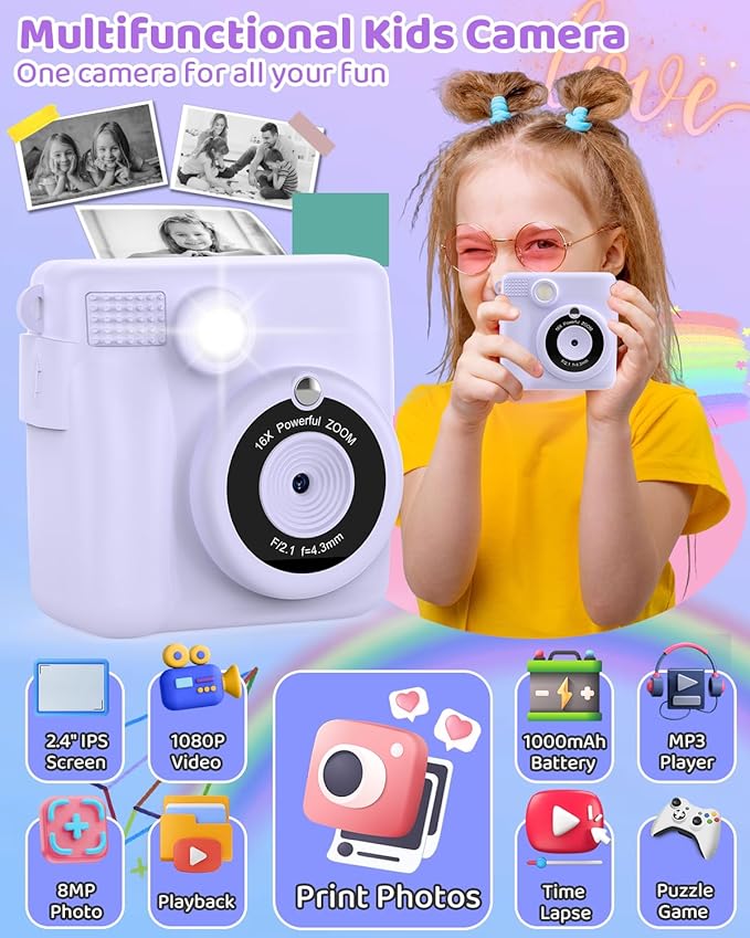 Instant Print Camera for Kids with 3 Rolls of Printer Paper, 1080P Toddler Digital Camera Toys for Age 3-12 with 32GB SD Card, Christmas & Birthday Gifts for 3 4 5 6 7 8 Year Old Girls & Boys (Purple)