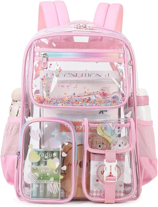 Clear Backpack for School,Heavy Duty PVC Transparent Bookbag for Girls Stadium Approved See Through Backpack