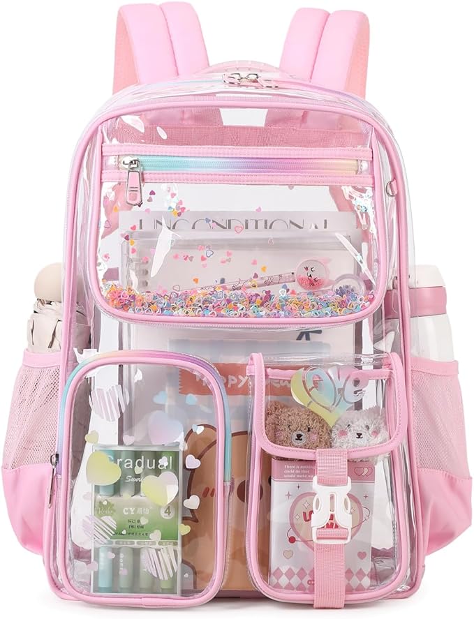 Clear Backpack for School,Heavy Duty PVC Transparent Bookbag for Girls Stadium Approved See Through Backpack