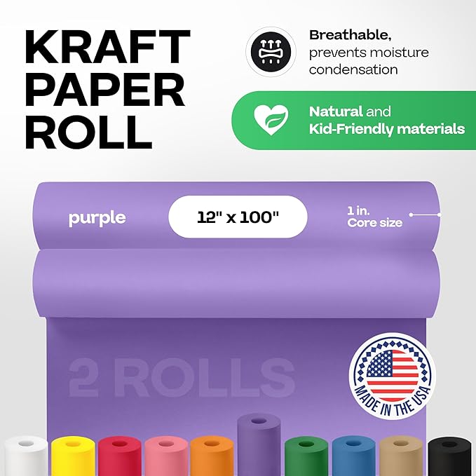 12" x 1200" (100 ft) Purple Kraft Paper Roll, Pack of 2 - USA-Made Quality Craft Paper for Gift Wrapping, Kids' Arts & Crafts, School Projects - 100% Recycled, 50 lb Natural Material by IDL Packaging