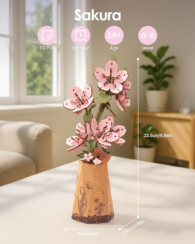 Rowood 3D Puzzles for Adults,DIY Wooden Cherry Blossom Bonsai Tree Botanical Collection Building Craft Kits for Women,Christmas/Birthday Gift- Sakura
