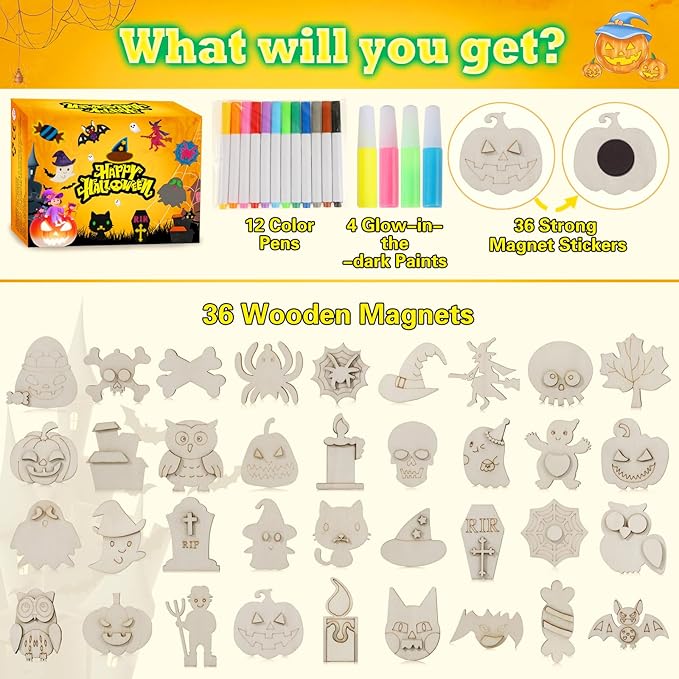 Worgree Halloween Crafts for Kids, 36 Pcs DIY Wooden Magnets Art Craft Supplies Painting Kit for Boys Girls Ages 4-8 8-12 Halloween Party Favors Gifts Basket Treat Goodie Bag Stuffers Classroom Prizes