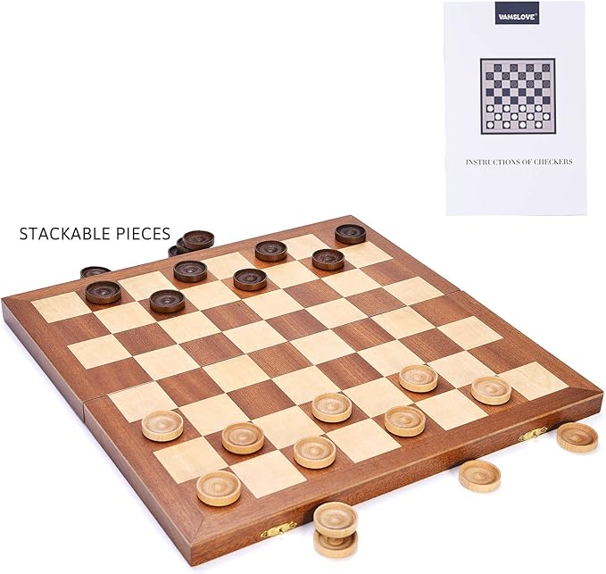 VAMSLOVE 14inch Checkers Folding Wooden Game Set, 8x8 Classic Checkerboard International Checkers Draughts Board 64 Square with Pieces Storage Slots (Instructions Included)