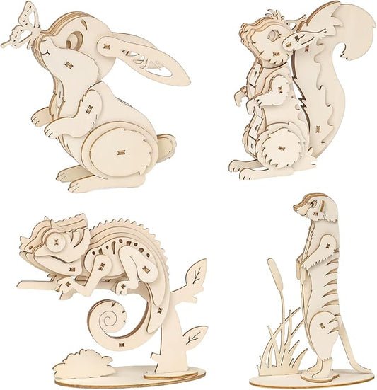 ELX 3D Wooden Animal Puzzles for Kids 6+, 4 Piece Set Animal Models, Wood Building Craft Kits Stem Toys peresents for Kids and Adults