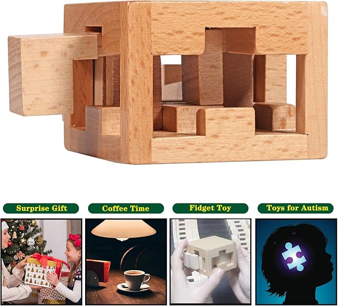 60 Steps Hard Wooden Cube Brain Teaser Puzzle Toys Mini Size Big Challenge Gamges 3D Assembly and Disentanglement Unlock Toy Unique Learning Gift for Kids and Adults