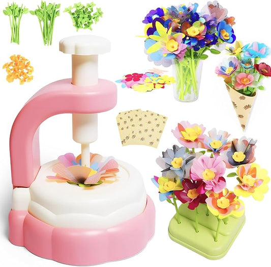DIY Flower Bouquet Kit - Fabric Flower Bouquets Kids Toys for 3+ Years Old Girls, Birthday Preschool Kindergarten Pink Supplies Gift Set, Art Activities Presents with Wrapping Paper Display Base