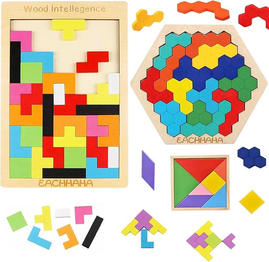 3-in-1 Wooden Blocks Puzzle Set,Hexagon Wooden Puzzle + Wood Russian Blocks + Tangram Puzzle for Kids,Intelligence Brain Teasers Toy STEM Educational Gift for Children(with Storage Bag)