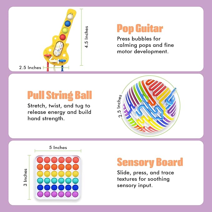 3-in-1 Fidget & Sensory Toy Set for Kids Sensory Explorer Kit with Pull-String Ball, Guitar Pop Toy, Tactile Fidget Board – Calming, Focus, Autism-Friendly