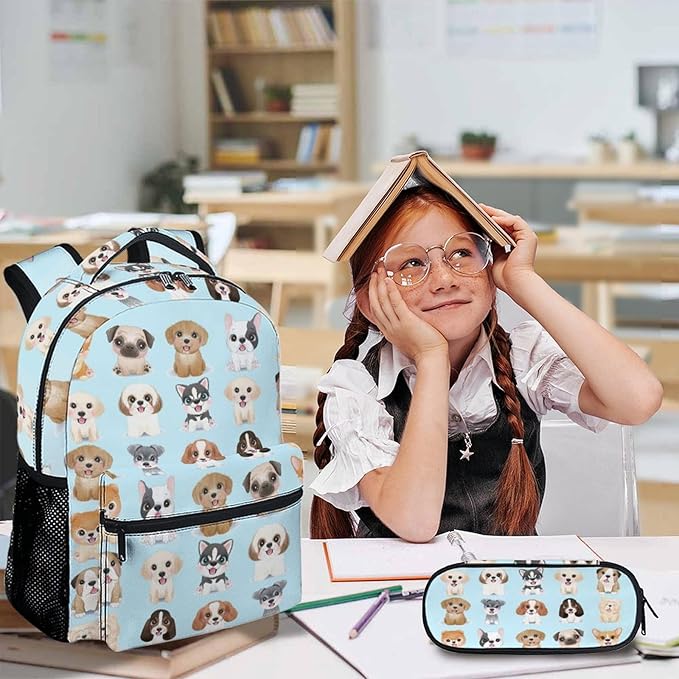 Dog Backpack with Lunch Box, Set of 3 School Backpacks Matching Combo, Cute Blue Bookbag and Pencil Case Bundle