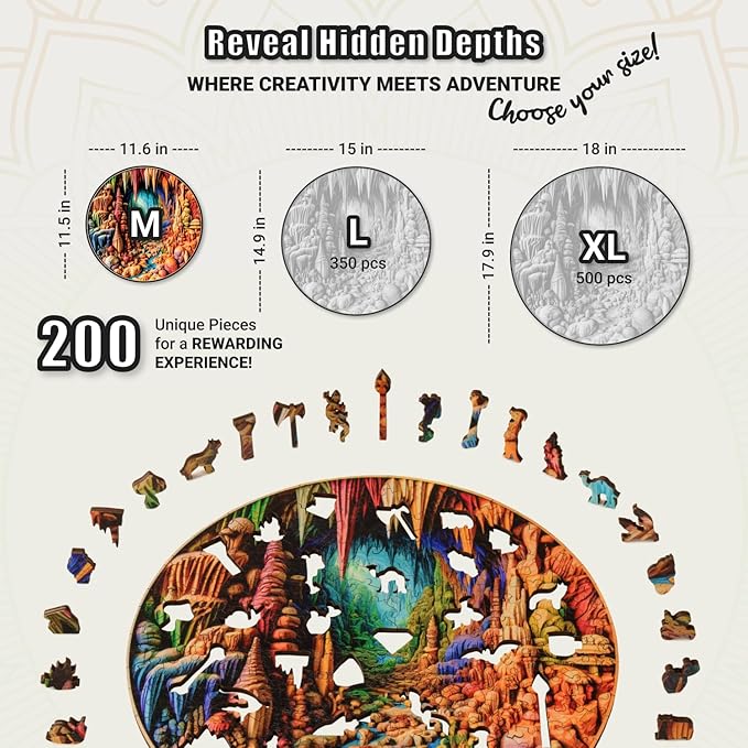 LEOGOR Wooden Jigsaw Puzzles for Adults 200 Pieces (11.6 × 11.5 in), Cave Puzzle, Extra-Thick 5mm Wood, Round 3D Mosaic Design, Unique Animal Shapes, Relaxing Artistic Gift for Adults and Teens