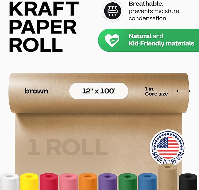 12" x 1200" (100 feet) Brown Kraft Paper Roll - USA-Made Quality Craft Paper for Gift Wrapping, Kids' Arts & Crafts, School Projects - 100% Recycled Natural Material 50lb Thickness by IDL Packaging