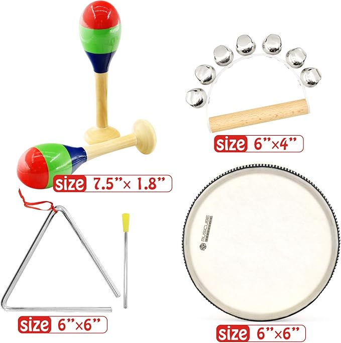 MUSICUBE 7 Pcs Musical Instrument Toys Set for Kids Wooden Percussion Instrument with Hand Drum, Maracas, Triangles, Hand Bell Educational Instrument for Toddler Birthday Gift for Boys Girls Aged 3+