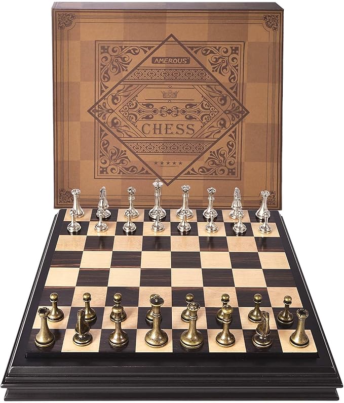 AMEROUS 12.5 inches Wooden Chess Set with Metal Chess Pieces,Classic Board Game w/ 2.5'' King/Storage for Chessmen/Instructions, Chess Sets for Adults, Kids, Beginner