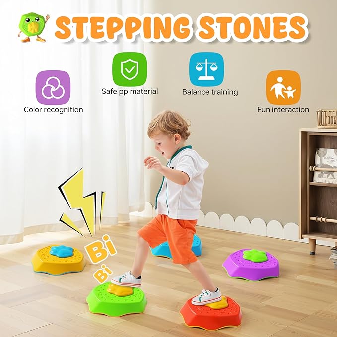 HIROSE Voiced Stepping Stones for Kids, 5pcs Durable Non-Slip Balance Stones, Promoting Children's Coordination and Motor Skills, Indoor & Outdoor Toys, Obstacle Course, Gifts for 3+