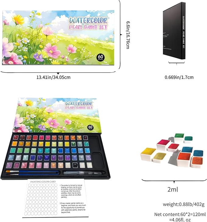 2ml Large Capacity Metallic Watercolor Paint Set, 36/60/84 Color Metallic/Pearlescent/Glitter/Color Shifting/Shimmer Water Color Paint for Adult Kids with 2 Paintbrushes