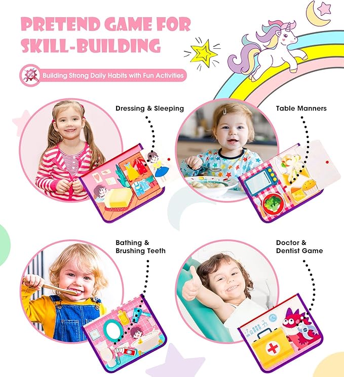 Guolely Busy Board Montessori Toys for 1-4 Year Old Girl Gift - 10 in 1 Sensory Learning Activities with Role-Play,Life Skill, Alphabet, Shape, Clock, Weather - Toddler Travel Toys for Airplane Car