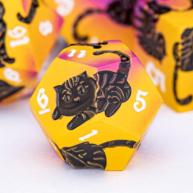Metal DND Cat Dice 7PCS Polyhedral RPG Dice Set with Gift Case for Dungeons Dragons Role Playing Game, D and D Dice D6 D8 D10 D12 D20 D% (Purple Yellow)