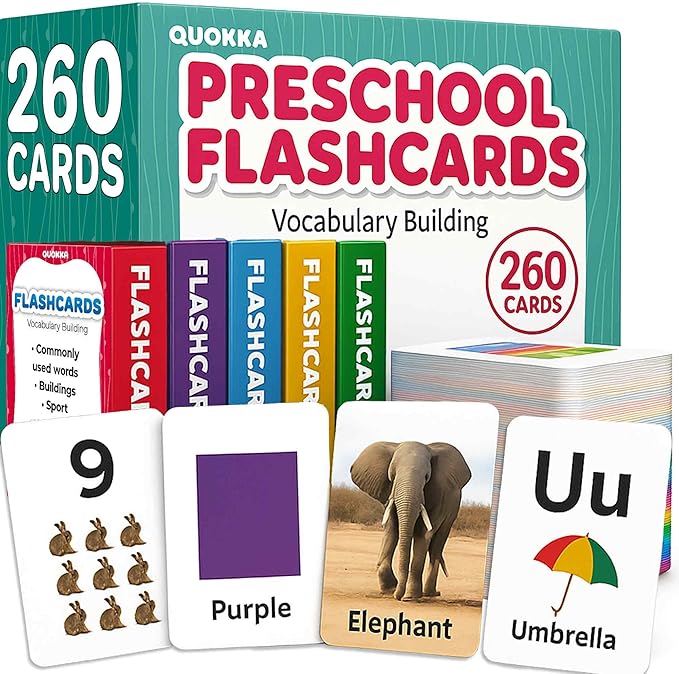 QUOKKA 260 Flash Cards for Kids Ages 3-5 with Realistic Images – Pre K Flash Cards Age 4-5 for Toddlers & Preschool, Alphabet, Numbers, Shapes, etc with 30 Learning Activities Color-Coded for Sorting
