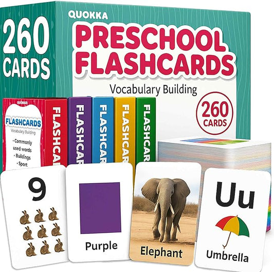 QUOKKA 260 Flash Cards for Kids Ages 3-5 with Realistic Images – Pre K Flash Cards Age 4-5 for Toddlers & Preschool, Alphabet, Numbers, Shapes, etc with 30 Learning Activities Color-Coded for Sorting