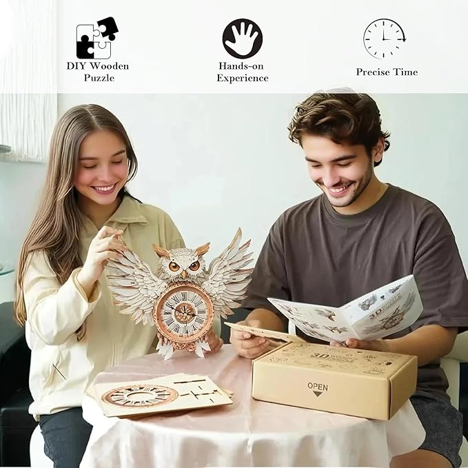 KAAYEE 3D Puzzle for Adult, Wooden Snowy Owl Pendulum Clock Mechanical Model Kit, 31 PCS DIY Vintage Wall Clock Building Kit, Creative Craft Gift for Birthday Home Decor (Battery Not Included)